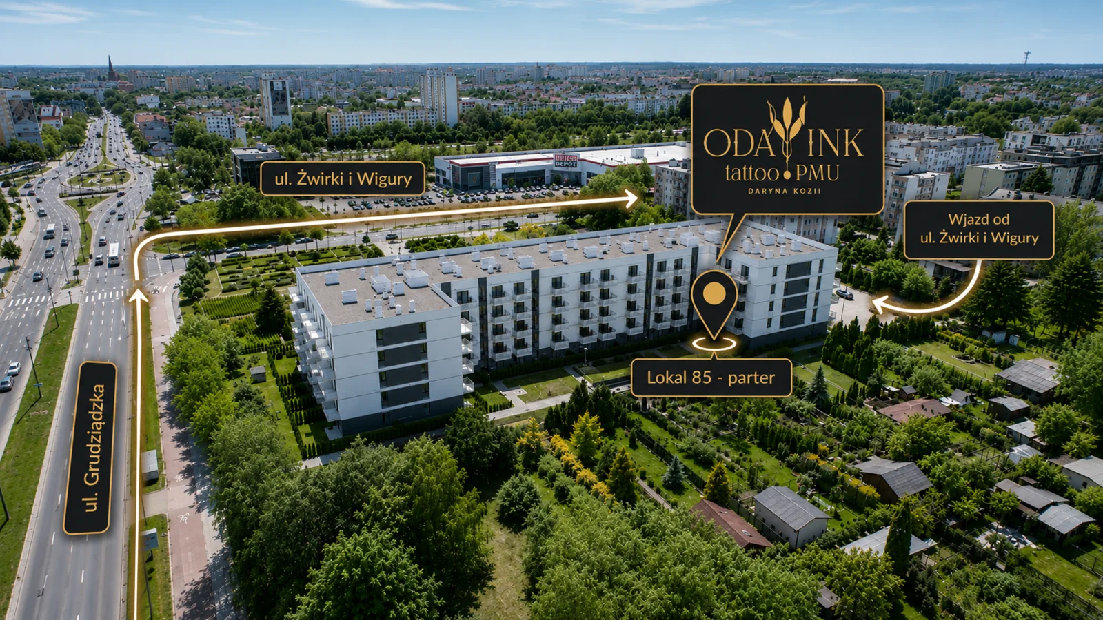 Widok z góry pokazujący dojazd do Oda Ink od ulicy Żwirki i Wigury oraz lokal numer 85 na parterze